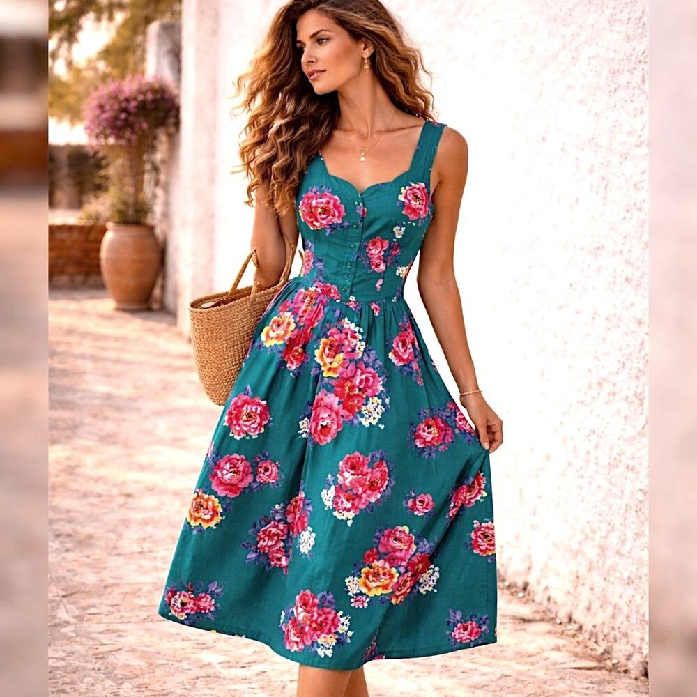 Vtg 90s Walden Classics L Teal Floral A-Line Midi Dress Button Bodice Belt Waist